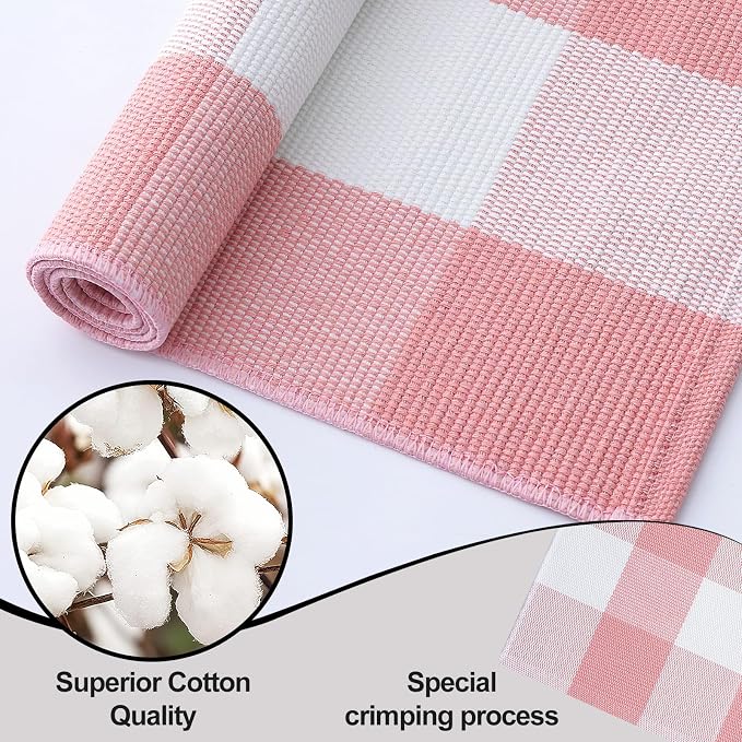 OLANLY Buffalo Plaid Rug 2'4" x 3'7" – Pink and White Cotton Checkered Doormat - Image 6