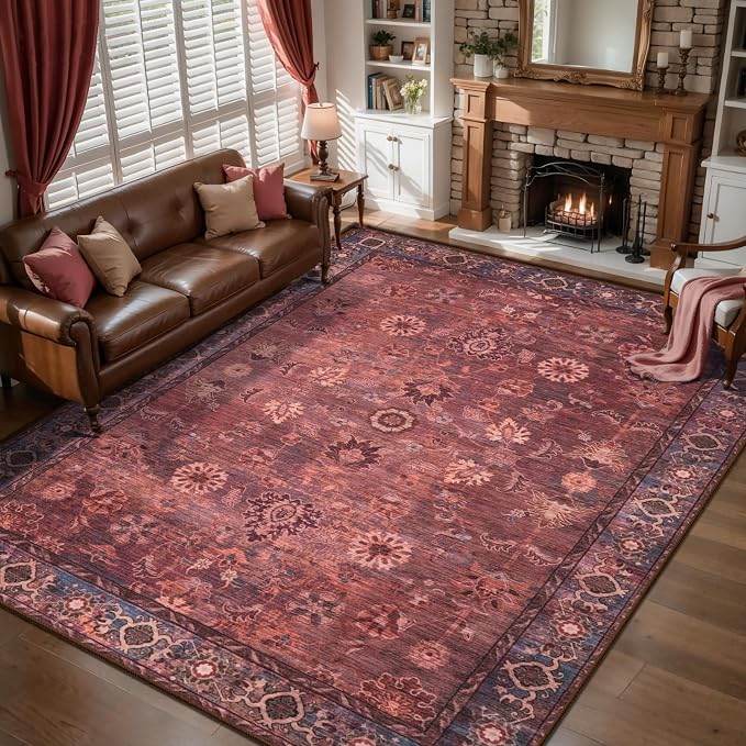 Tangsoo 5x7 Area Rug for Living Room Non Slip, Washable Vintage Red Floral Rug by Tangsoo