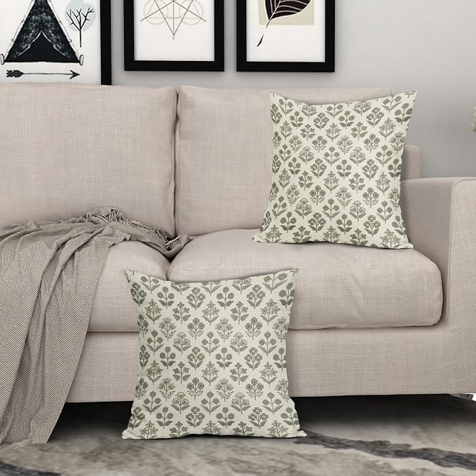 Olive Green Floral Pillow Covers 16x16 Inch Set of 2, Vintage Flower Block - Image 3