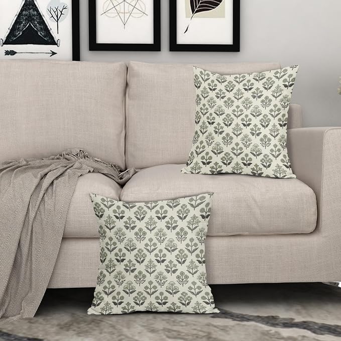 Black Sage Green Floral Block Print Pillow Covers 22x22 Inch Set of 2, Vintage - Image 3