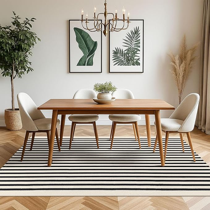 KOZYFLY Black and Beige Striped Rug 5x8 Ft Area Rug Washable Indoor Outdoor Rug - Image 3
