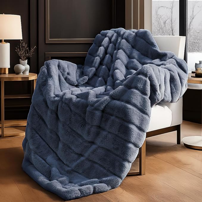 Cozy Bliss Deluxe Sheared Rabbit Faux Fur Throw Blanket, Soft Fuzzy High-Low by CozyBliss