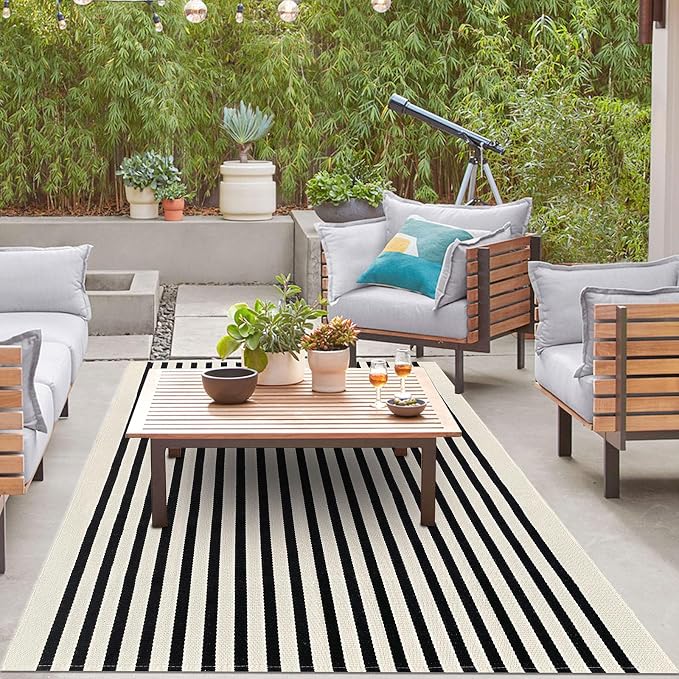 IOHOUZE Black Beige Striped Rug -5'x8' Indoor Outdoor Rug, Washable Area Rug by iOhouze