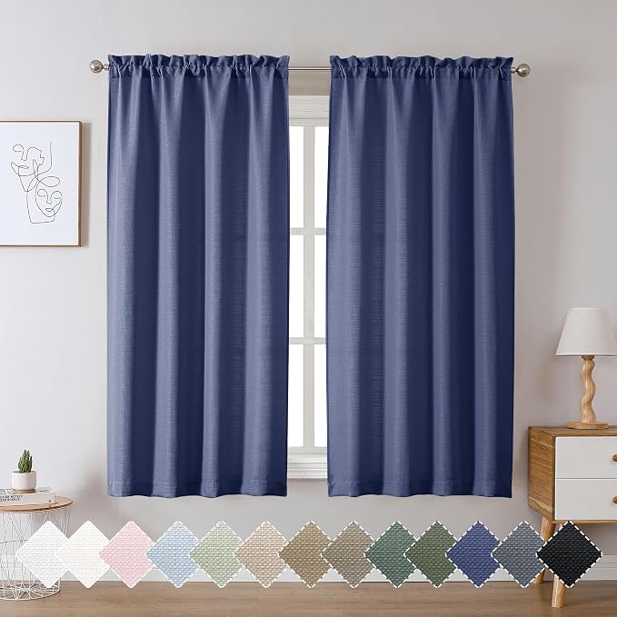 Chyhomenyc Bennet Blue Curtains 54 Inch Length 2 Panels, Faux Linen Textured - Image 2