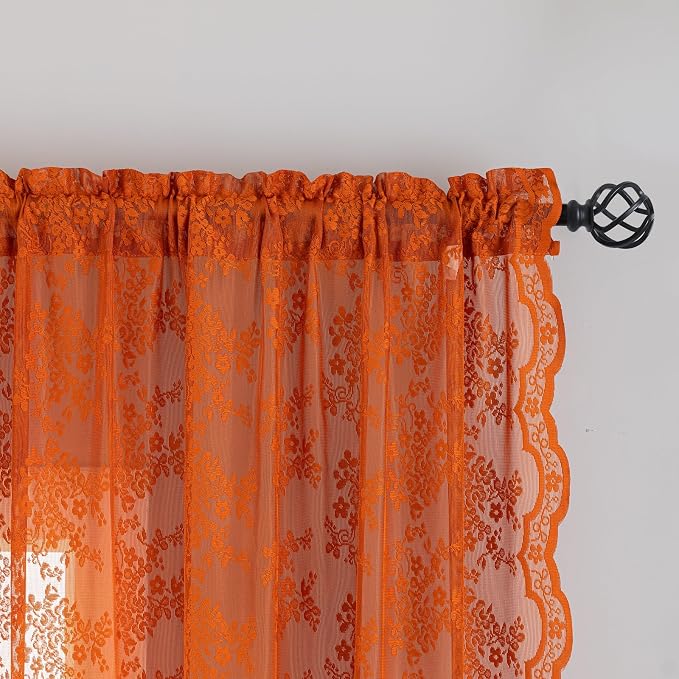YJ YANJUN Vintage Lace Curtains 63 Inch Length Burnt Orange Sheer Curtains - Image 2