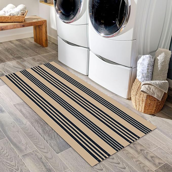 IOHOUZE Striped Area Rug 2'x4.3' Tan and Black Front Door Rugs Small Washable - Image 4