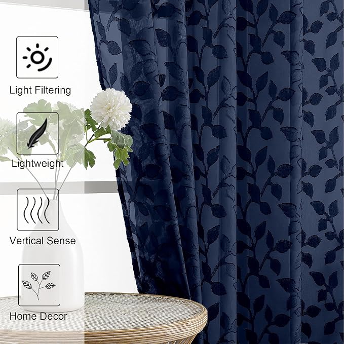 Chyhomenyc Navy Blue Sheer Curtains 63 Inch Length 2 Panels Set, Light - Image 3