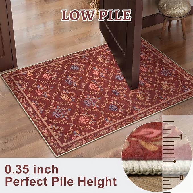 Tangsoo 5x7 Washable Area Rug, Non Slip Red Floral Indoor Rug, Soft Low Pile - Image 4