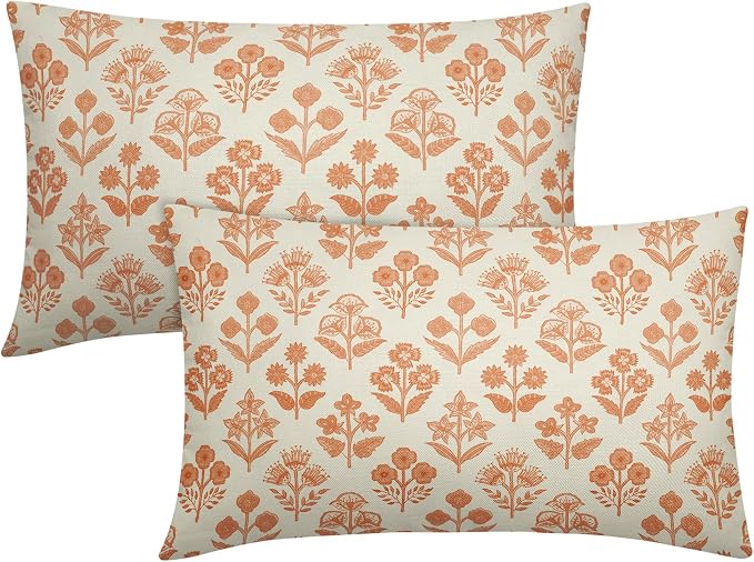 Orange Floral Pillow Covers 12x20 Inch Set of 2, Block Print Lumbar Flower by Sivirary