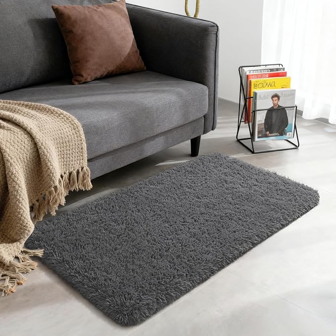 Merelax Fluffy Shaggy Small Area Rug, Dark Grey 2x4 Runner Rugs - Image 2