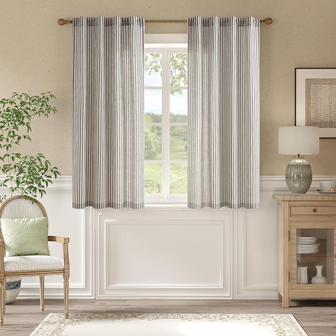 jinchan Linen Curtains Charcoal Grey on Beige Striped Curtains by JINCHAN