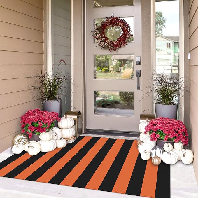 IOHOUZE Fall Door mat 3x5 Ft Orange Black Striped Area Rug Washable Front Porch by iOhouze