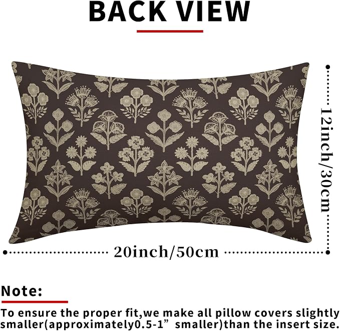 Drak Brown Pillow Covers 12x20 Inch Set of 2, Cream Floral Block Print Pattern - Image 3