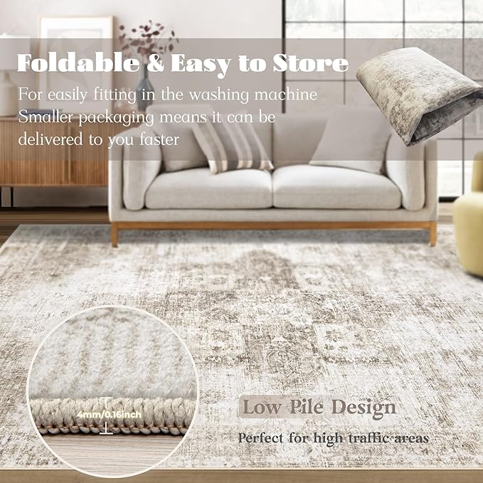Area Rug 5x7 Washable Rug, Vintage Boho Medallion Rugs Non-Slip Soft Low Pile - Image 7