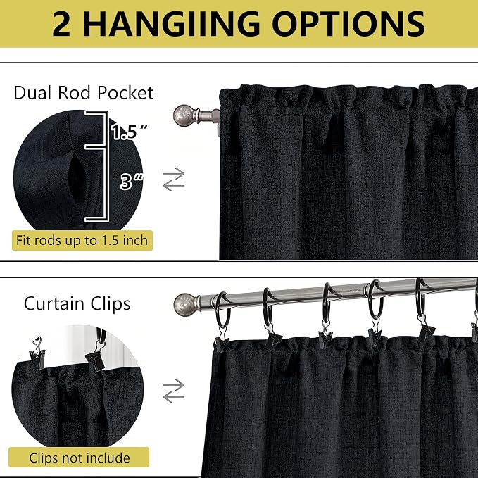 Black Valances for Windows, Light Filtering Faux Linen Textured Small Short - Image 4