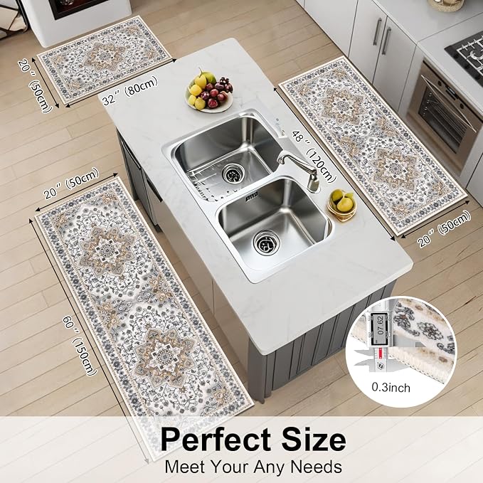HEBE Farmhouse Kitchen Rugs Sets of 3 Non Slip Washable Boho Kitchen Rugs and - Image 2
