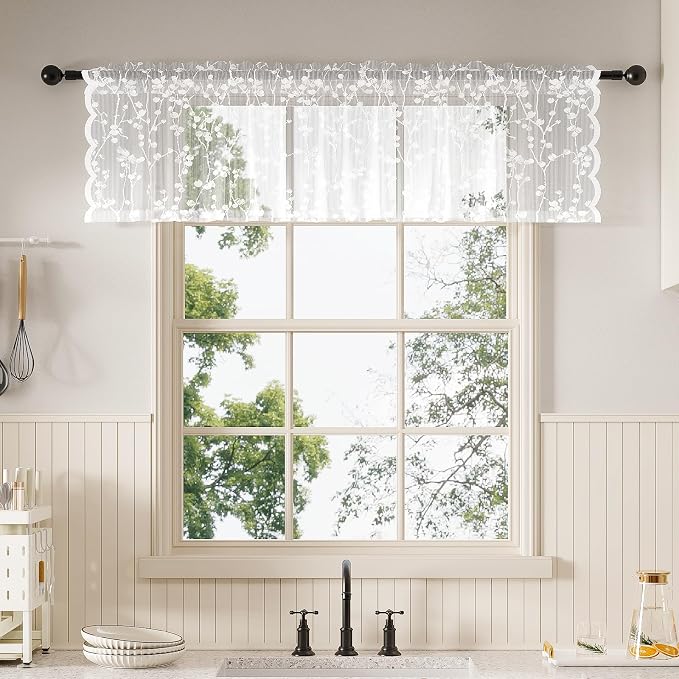 Rinwoc White Lace Semi-Sheer Kitchen Valance Curtains – Vintage Floral Lace by Rinwoc