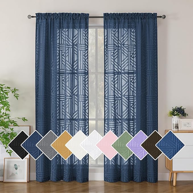 Simplebrand Navy Blue Semi Sheer Curtains 84 Inches Long 2 Panels, Light by Simplebrand