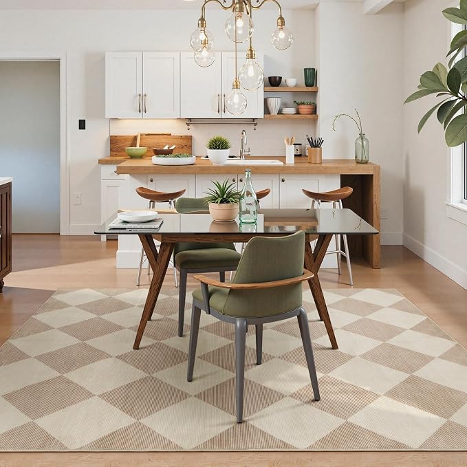 Beeiva Checkered Print Living Room Rugs 8x10, Moroccan Beige Washable Area Rug - Image 8