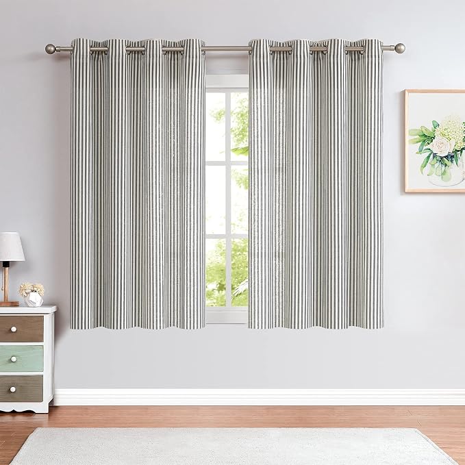 jinchan Linen Curtains for Living Room Charcoal Grey on Beige Striped Curtains - Image 2