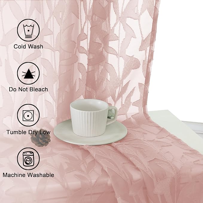 Lecloud Leia Blush Pink Sheer Curtains 96 Inches Long 2 Panels, Airy Leaf - Image 9