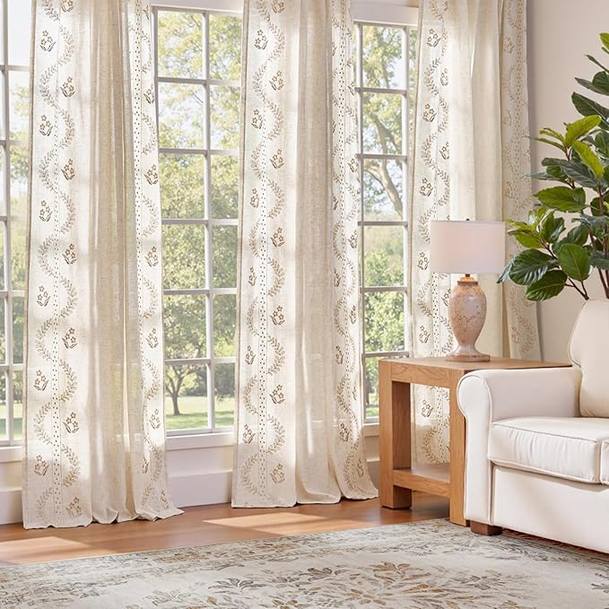 jinchan Belrose Linen Curtains for Bedroom Floral Curtains 72 Inch Length Linen - Image 3