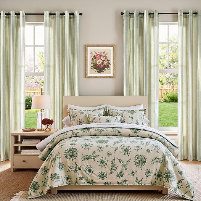 JINCHAN Linen Curtains for Living Room Sage Green on Beige Striped Curtains for - Image 5