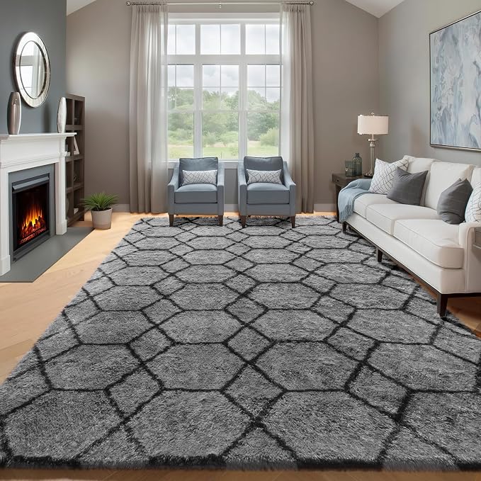 ONASAR Rugs for Living Room, Fluffy Soft 5x8 Grey and Black Geometric Area Rug - Image 2