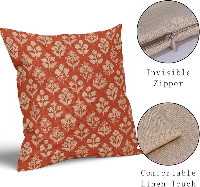 Dark Orange Floral Block Print Pillow Covers 20x20 Inch Set of 2, Vintage - Image 4