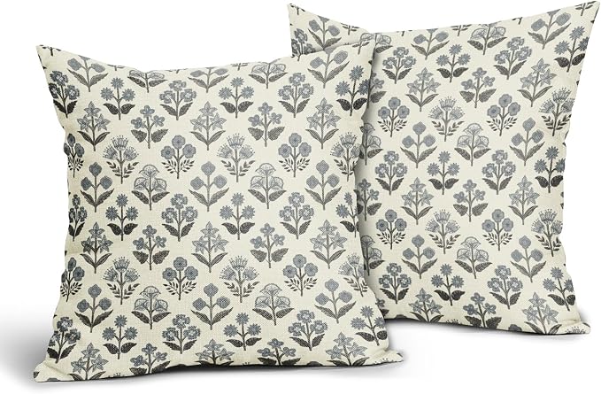 Black Dusty Blue Floral Pillow Covers 22x22 Inch Set of 2, Vintage Flower Block - Image 2