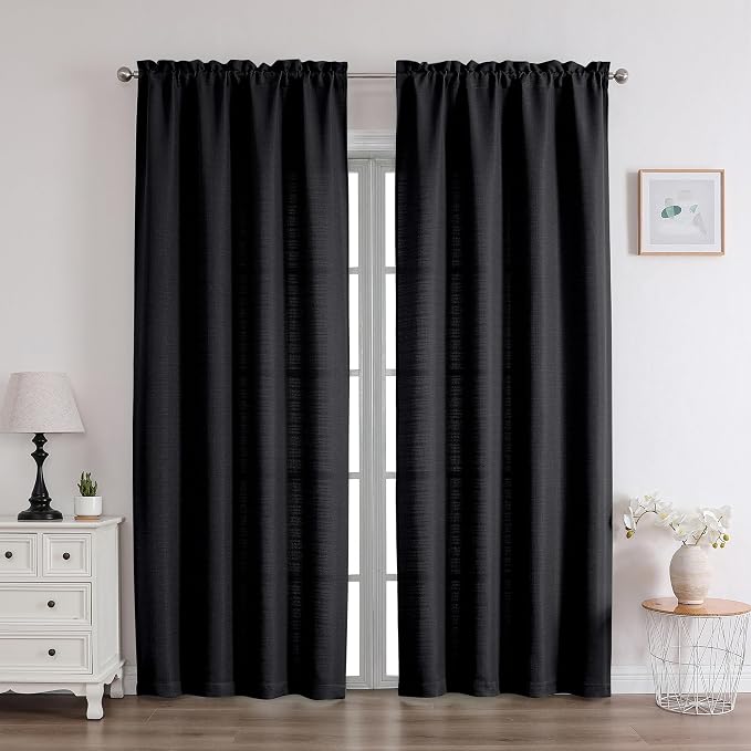 Chyhomenyc Black Curtains 72 Inch Length 2 Panels Set, Faux Linen Textured Semi - Image 2