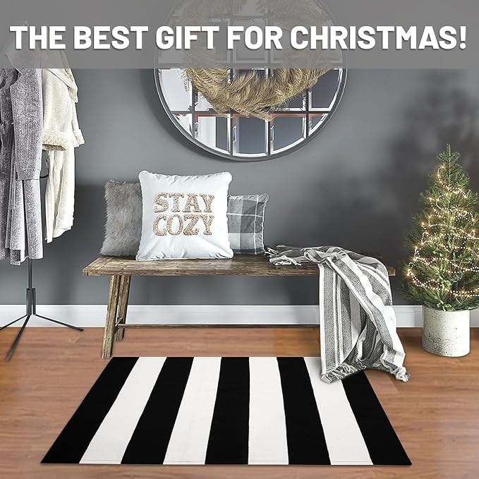 IOHOUZE Black White Striped Rug -24" x36“ Front Door Mats Outdoor, Washable Rug - Image 9