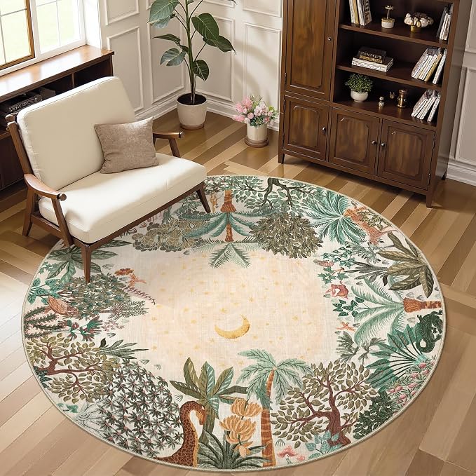 GarveeHome Round Area Rugs 8ft for Living Room, Large Beige Jungle Washable - Image 3