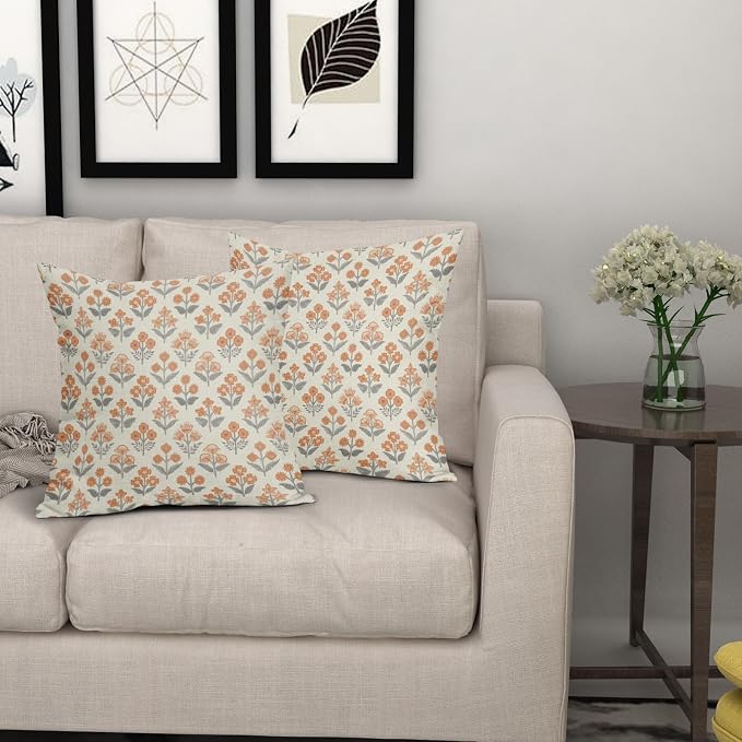 Orange Grey Gray Floral Block Print Pillow Covers 18x18 Inch Set of 2, Vintage - Image 7