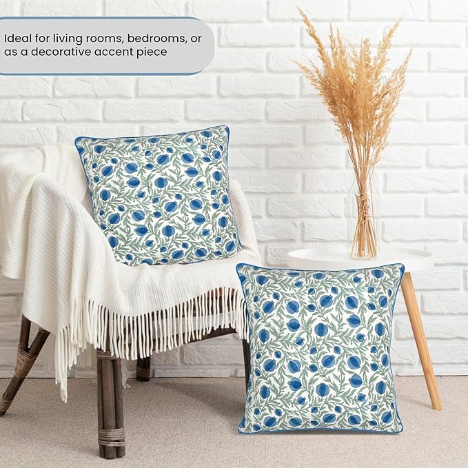 Ridhi Block Print Queen Blue Pillow Cover 18" x 18" Decorative Couch Pillows - Image 2