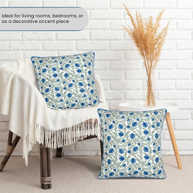 Ridhi Block Print Queen Blue Pillow Cover 16" x 16" Decorative Couch Pillows - Image 5