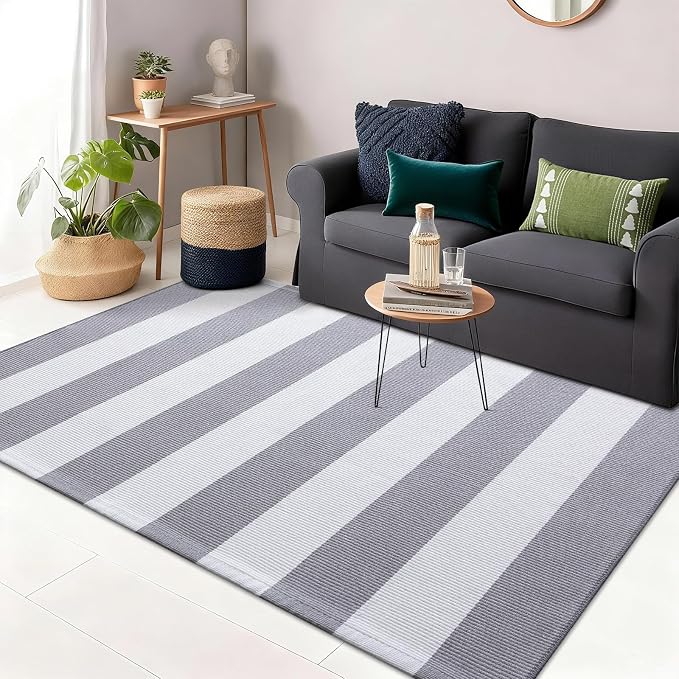 OLANLY Grey and White Striped Rug 3' x 5' – Washable Cotton Indoor Outdoor by OLANLY