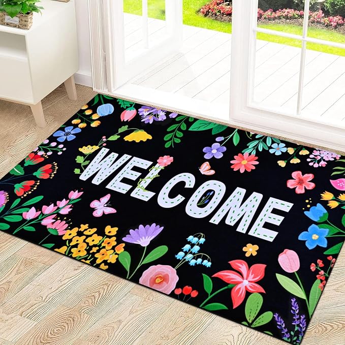 Likiyol Floral Door Mat Outside Entrance, Colorful Flower Welcome Mat Front by Likiyol