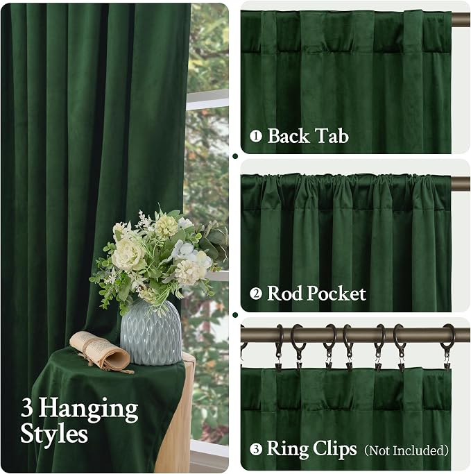 LAMIT Velvet 90 Inch Curtains for Living Room, Emerald Green Thermal Insulated - Image 3