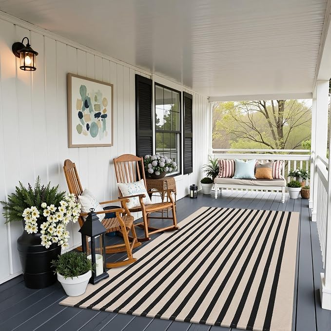 OLANLY Beige and Black Striped Rug 3' x 5' – Washable Cotton Doormat - Image 5