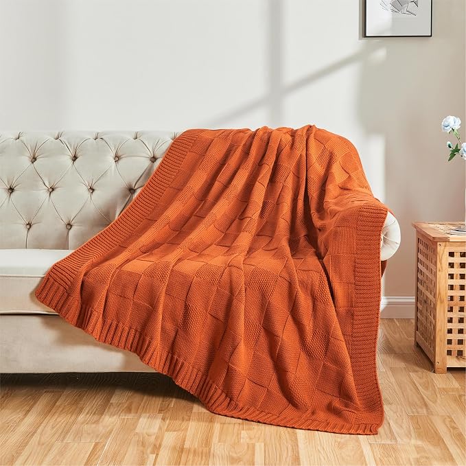 CozeCube Check Knit Throw Blanket, Rust Orange Checkered Throw - Image 4