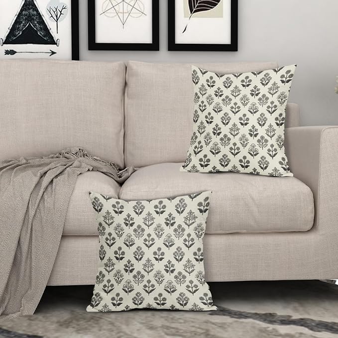 Black Grey Gray Block Print Pillow Covers 16x16 Inch Set of 2, Vintage Floral - Image 3