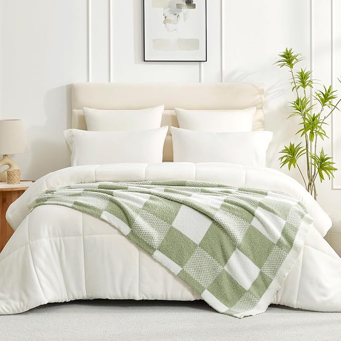 Snuggle Sac Checkered Blanket, Sage Green Throw Blanket - Image 2