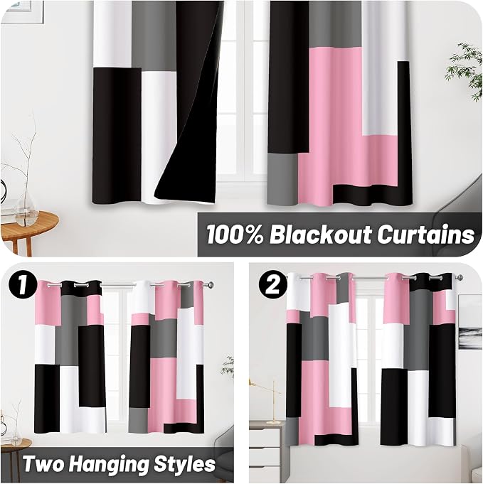 Tyrot Pink 100% Blackout Curtains 45 inch Length 2 Panels Set White Grey Modern - Image 2