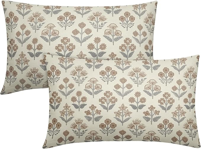 Brown Grey Gray Floral Pillow Covers 12x20 Inch Set of 2, Block Print Lumbar by Sivirary