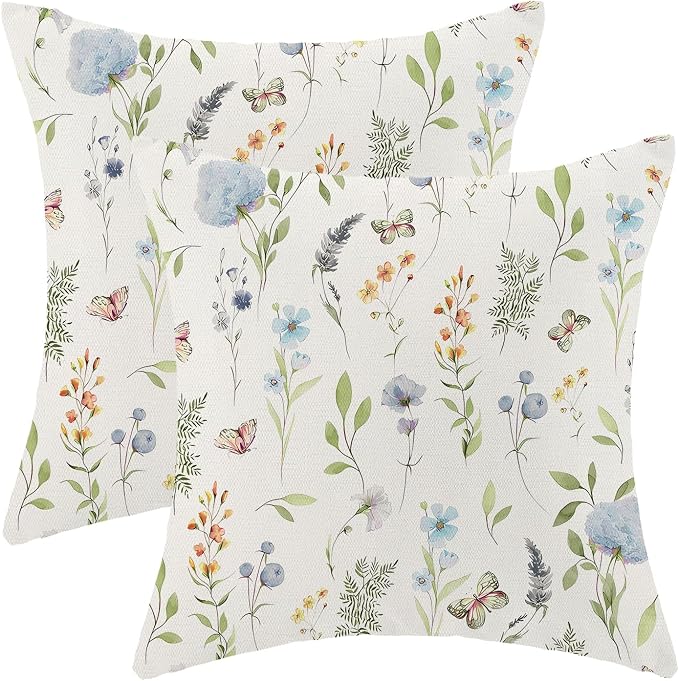 Spring Pillow Covers 20x20 Inch Set of 2, Sage Green Blue Wild Flower Throw by AEIOAE
