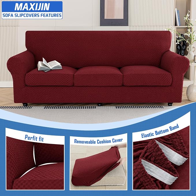 MAXIJIN 4 Piece Couch Covers for 3 Cushion Couch Super Stretch Non Slip Couch - Image 3