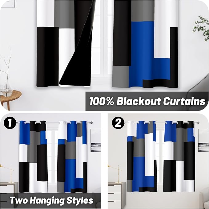 Tyrot Blue Gray 100% Blackout Curtains 45 inch Length 2 Panels Set White Grey - Image 2