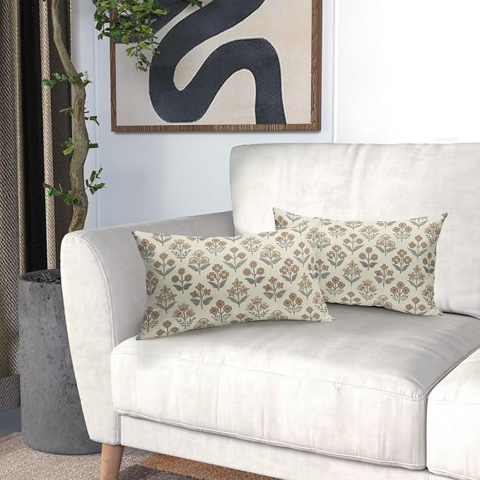 Brown Grey Gray Floral Pillow Covers 12x20 Inch Set of 2, Block Print Lumbar - Image 6