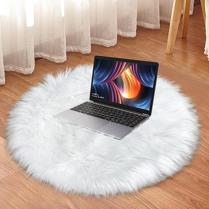 White Faux Fur Rug Small Round Fluffy Rug 2x2 Feet Round Rug - Image 6